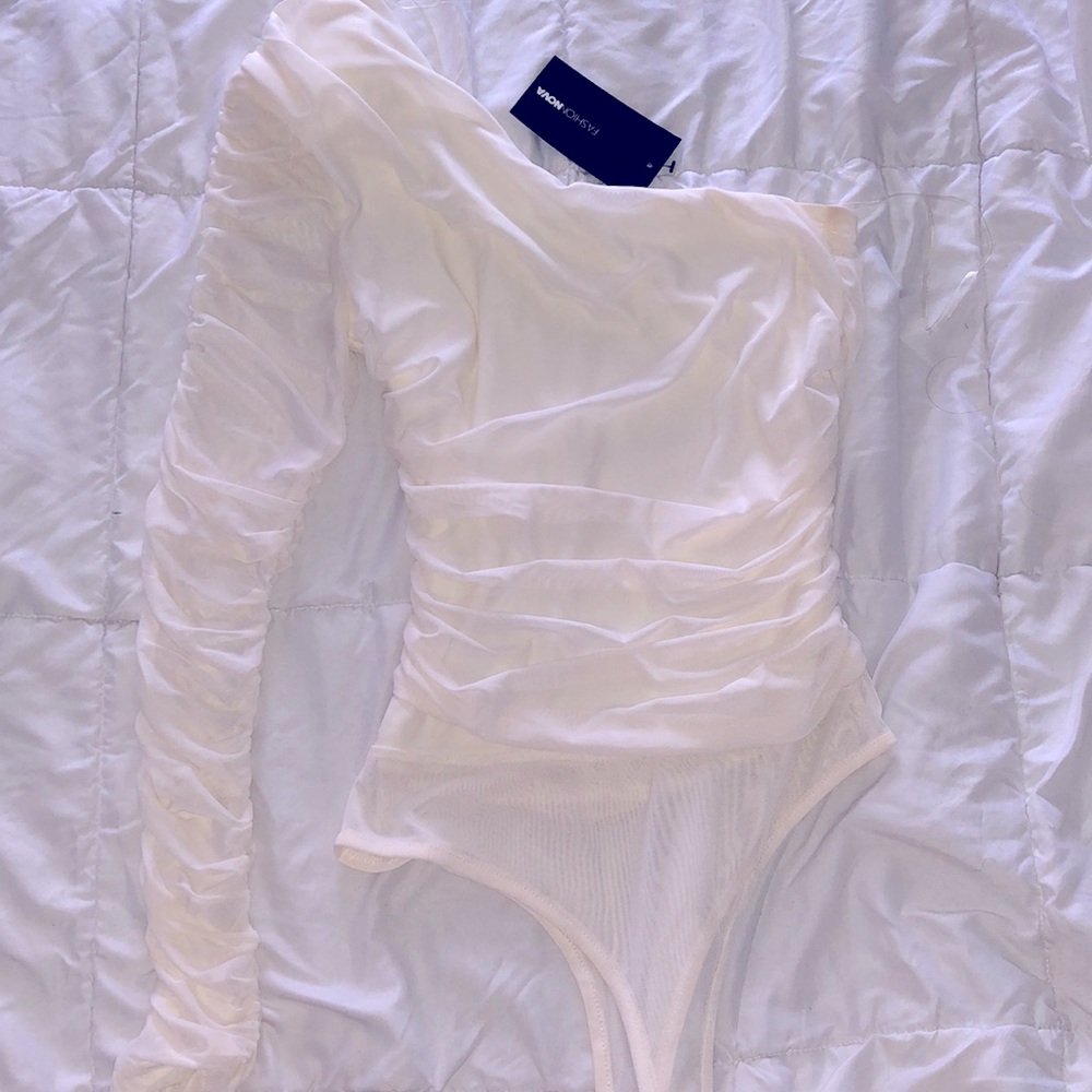 Cream one shoulder see through bodysuit